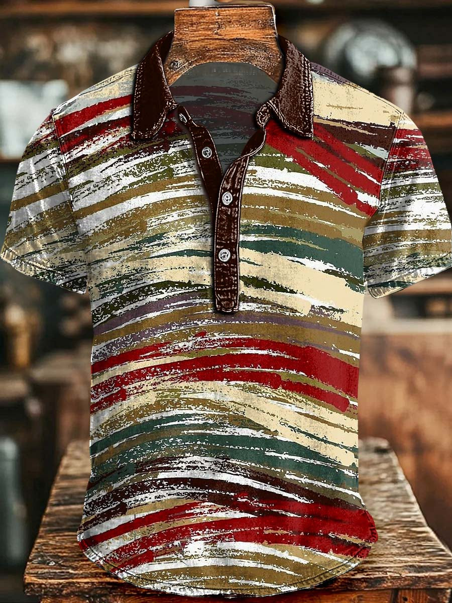 Distressed Brushstroke Stripe Print Casual Short-Sleeve Polo Shirt