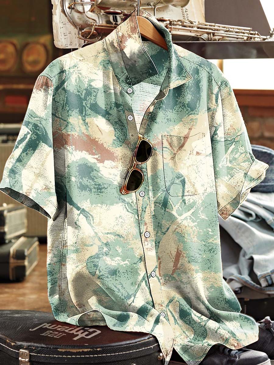 Distressed Botanical Print Short-Sleeve Casual Shirt