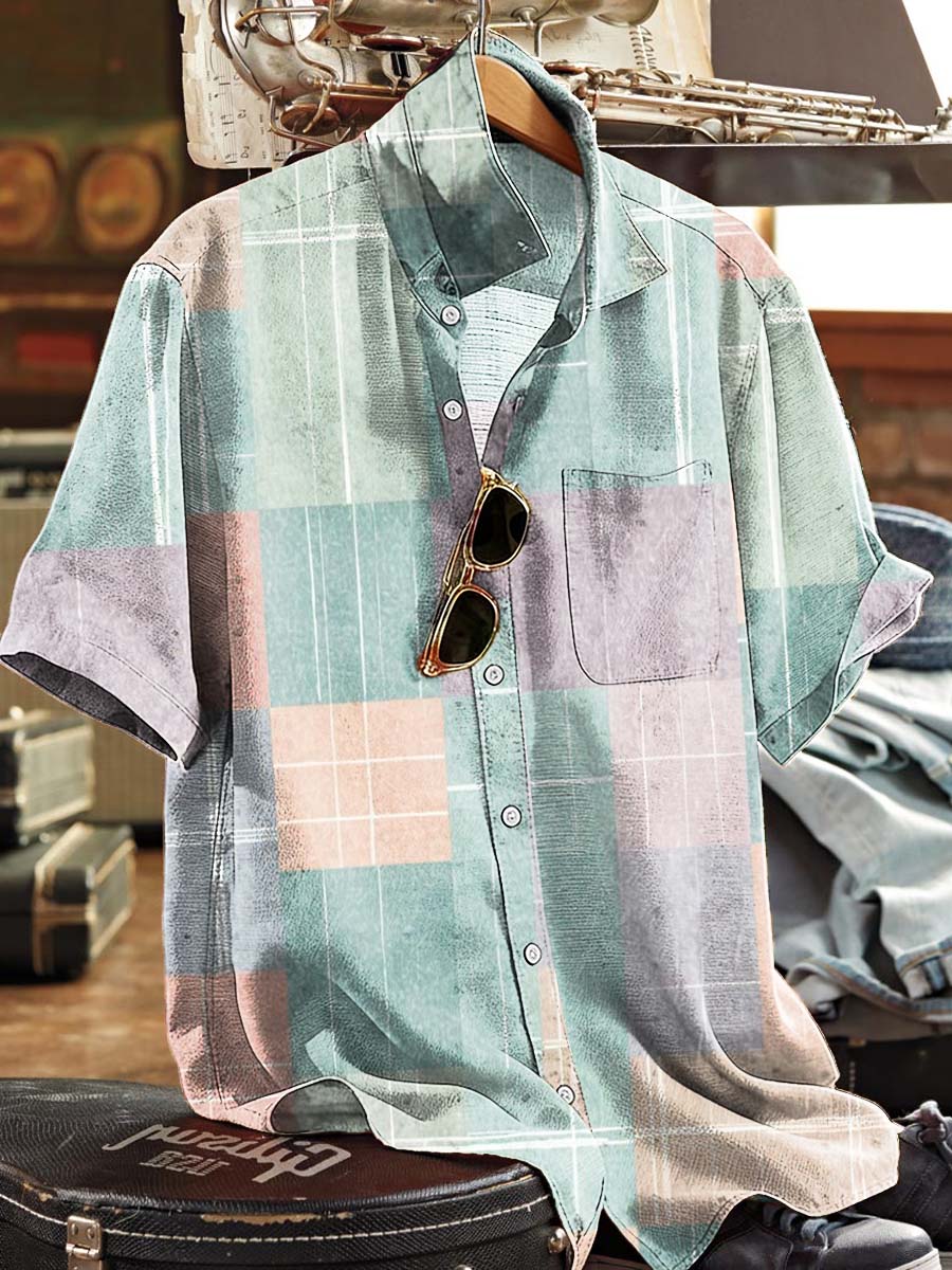 Patchwork Plaid Printed Casual Short-Sleeve Shirt