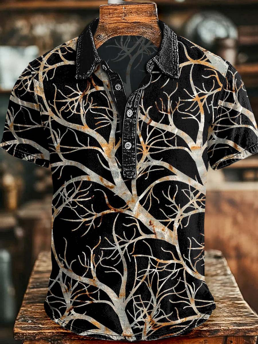 Distressed-Effect Bare Tree Silhouette Print Casual Short-Sleeve Polo Shirt