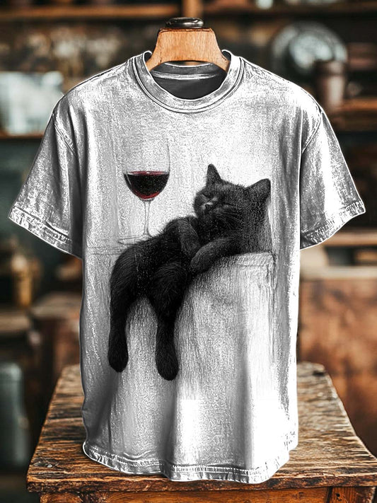 Black Cat & Red Wine — Printed Casual Short-Sleeve T-Shirt