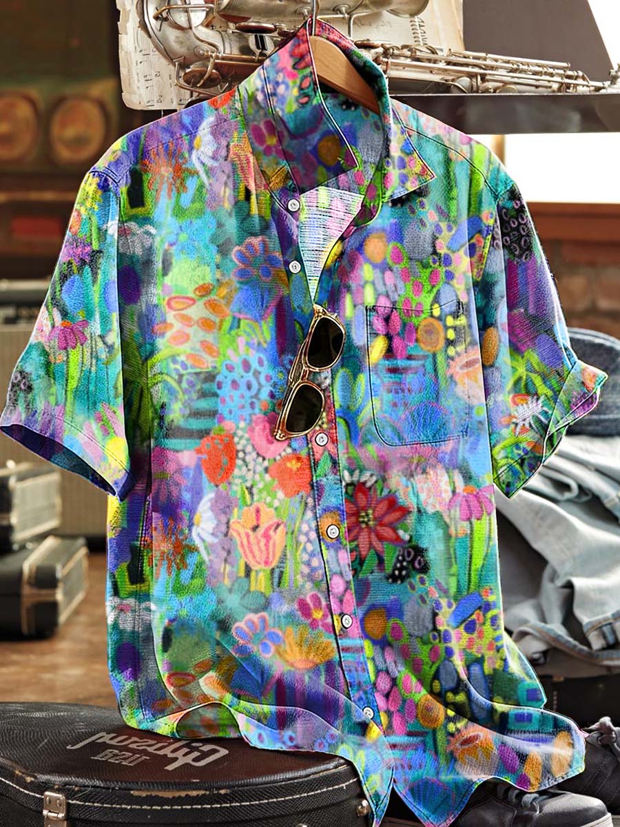 Watercolor Floral Print Casual Short-Sleeve Shirt