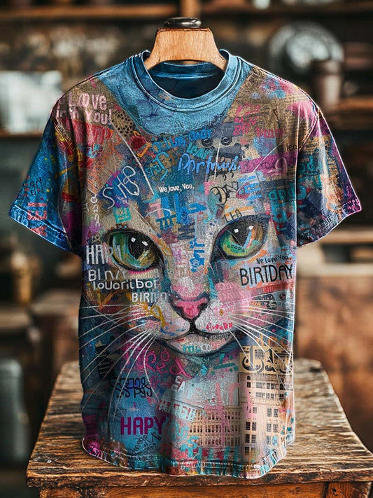 Collage-Style Graffiti Cat Print Casual Short-Sleeve T-Shirt