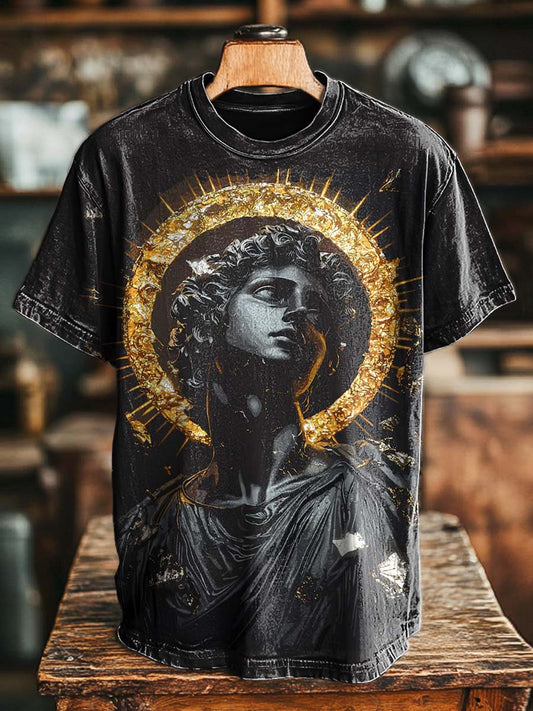 Retro Sculptural Gold Halo Print Casual Short-Sleeve T-Shirt