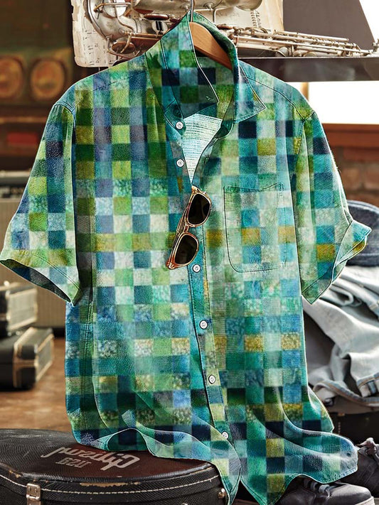 Watercolor Plaid Print Casual Short-Sleeve Shirt