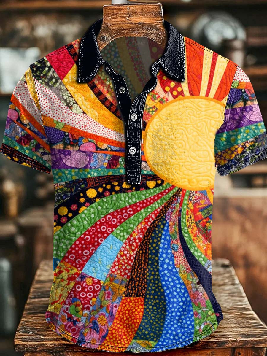Patchwork Sun Psychedelic Print Casual Short-Sleeve Polo Shirt