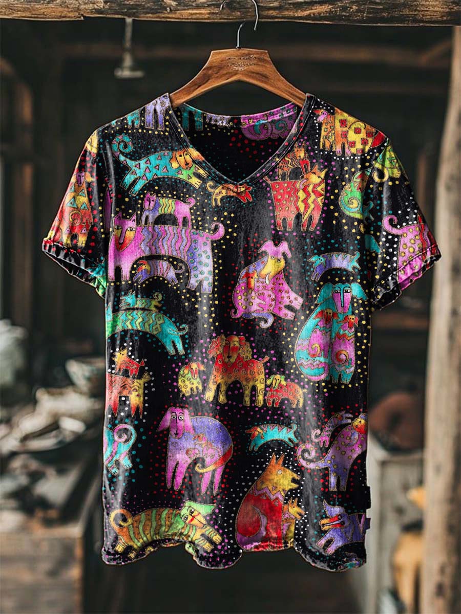Pop-Art Animal Graffiti Print Casual Short-Sleeve V-Neck T-Shirt