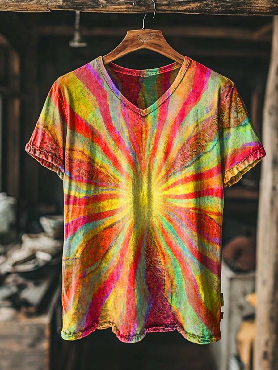 Rainbow Radial Tie-Dye Print Casual Short-Sleeve V-Neck T-Shirt