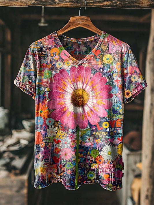 Collage Daisy Graffiti Print Casual Short-Sleeve V-Neck T-Shirt