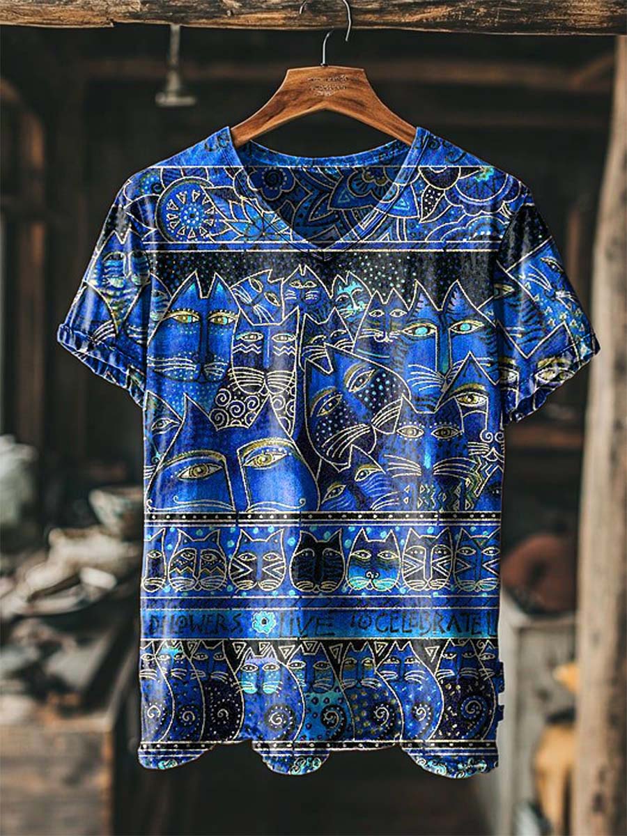 "Blues Tribe Cat" Print Casual Short-Sleeve V-Neck T-Shirt