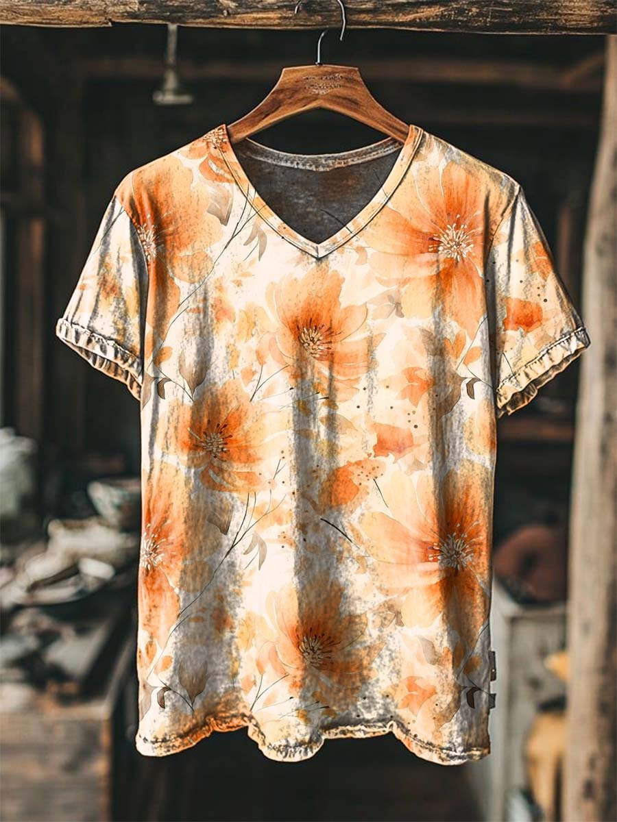 Watercolor Orange Blossom Print Casual Short-Sleeve V-Neck T-Shirt