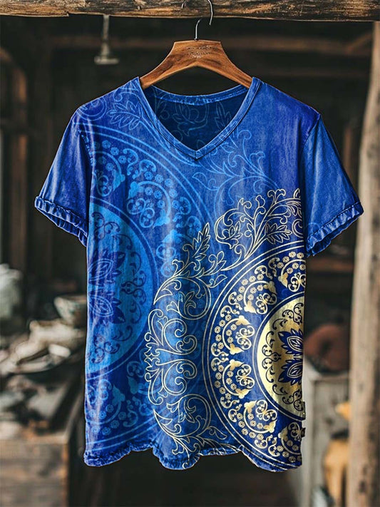Retro Mandala Floral Print Casual Short-Sleeve V-Neck T-Shirt