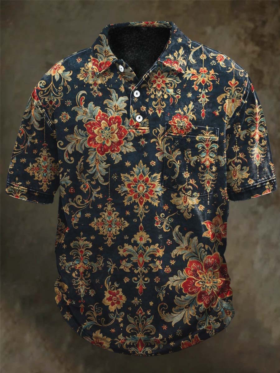 European Retro Floral-Print Casual Short-Sleeve Polo Shirt
