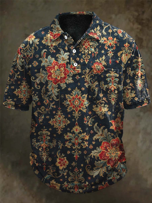 European Retro Floral-Print Casual Short-Sleeve Polo Shirt