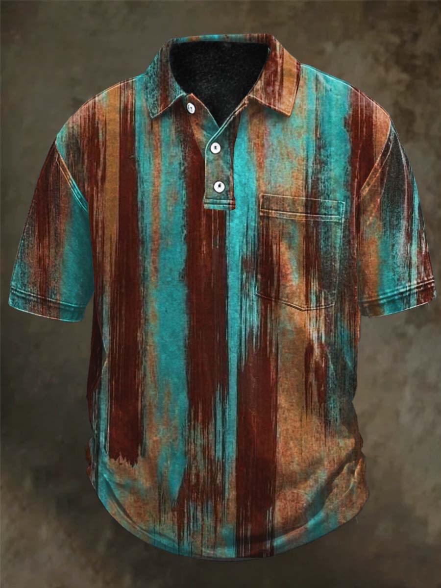 Distressed Vertical Stripe Print Casual Short-Sleeve Polo Shirt