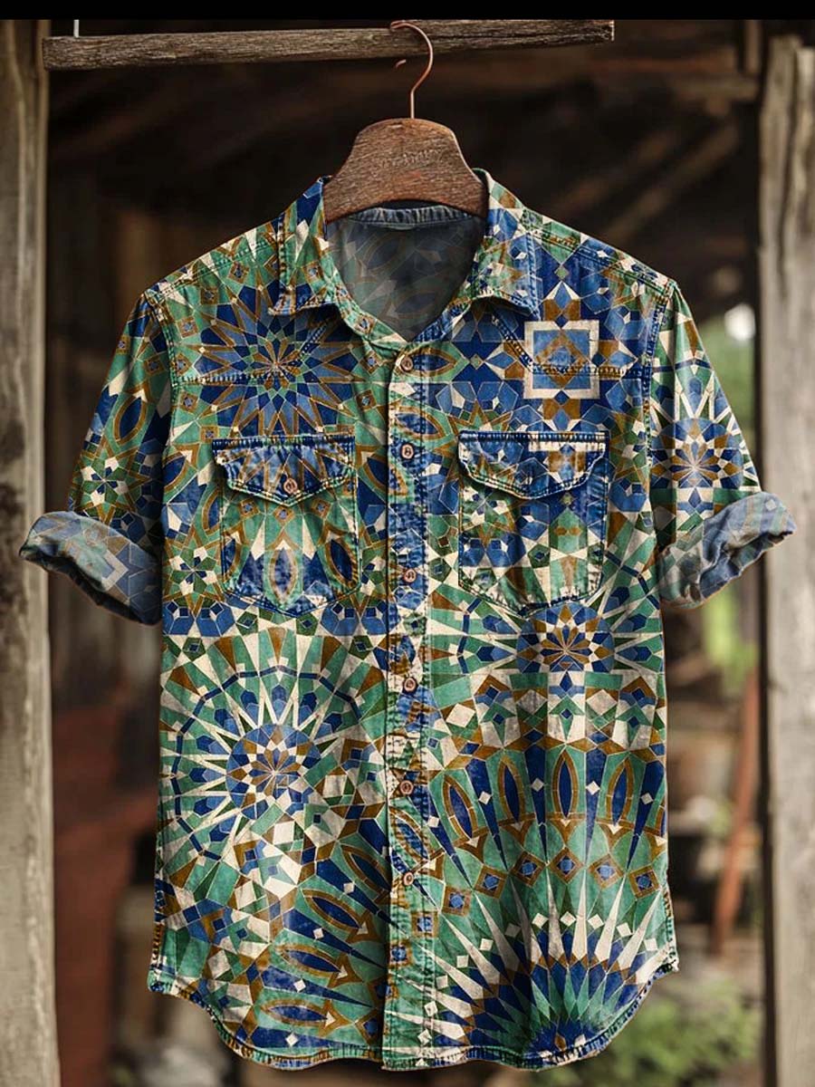 Moroccan Geometric Tile Print Casual Short-Sleeve Shirt