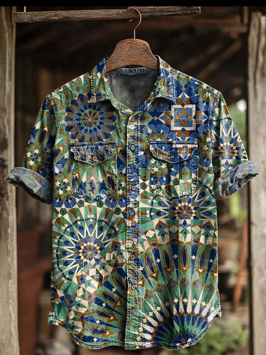 Moroccan Geometric Tile Print Casual Short-Sleeve Shirt