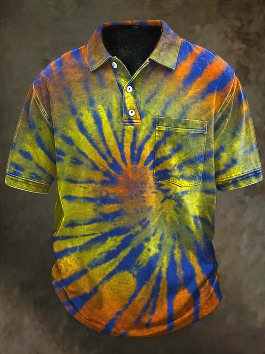 Sun Tie-Dye Print Casual Short-Sleeve Polo Shirt