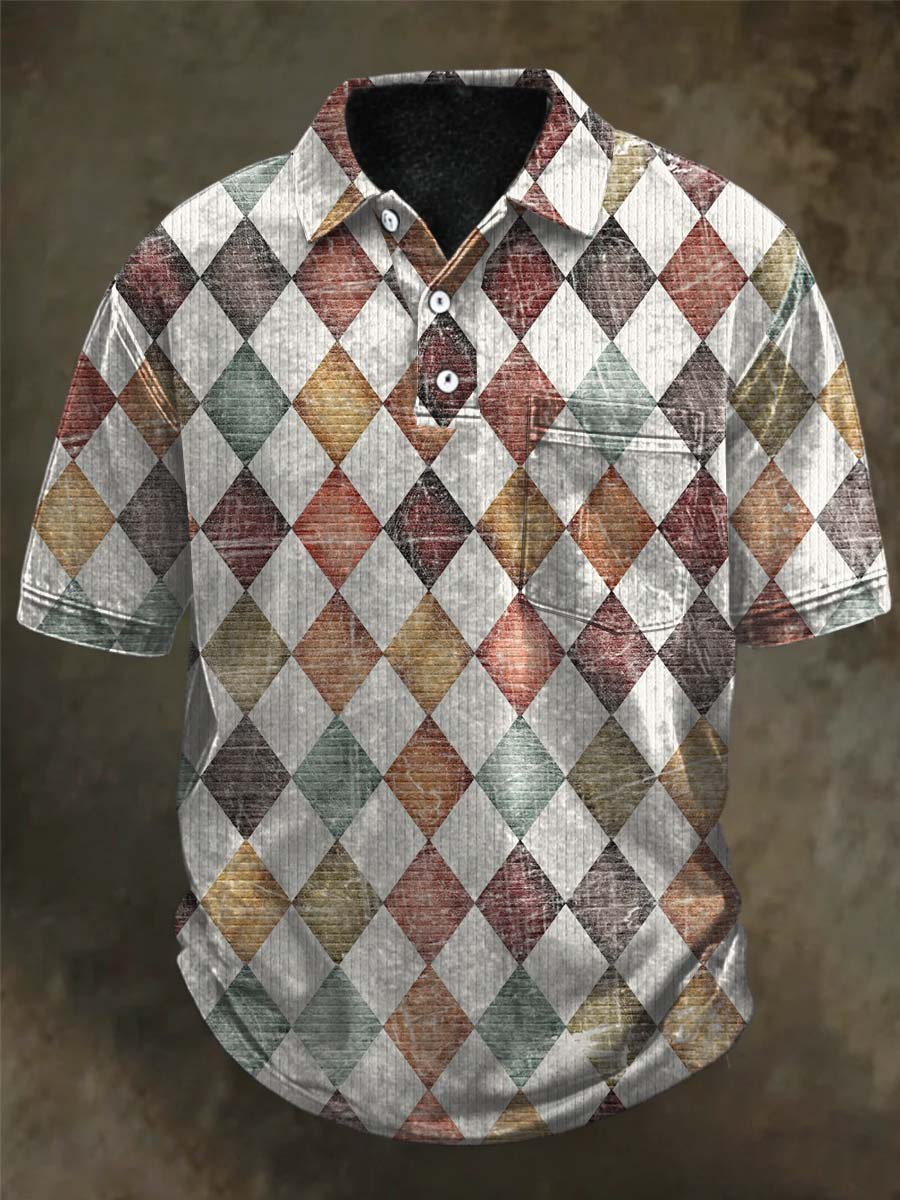 Distressed Diamond-Patterned Casual Short-Sleeve Polo Shirt