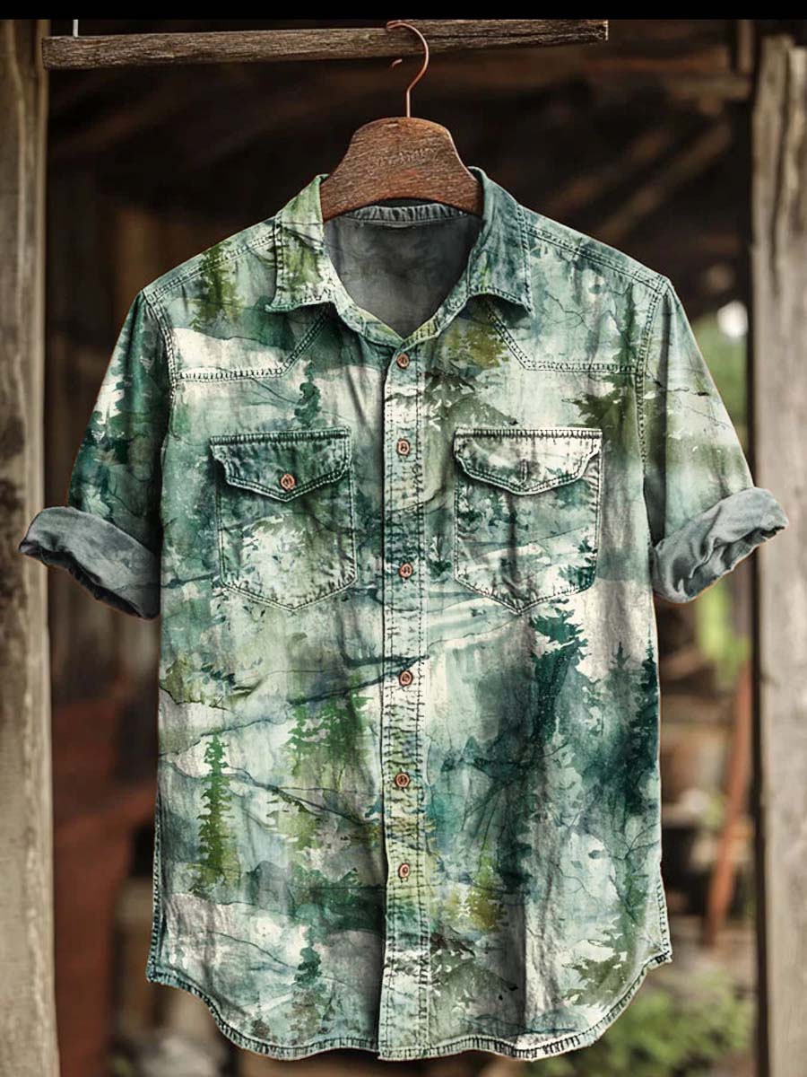 Forest Watercolor Print Casual Short-Sleeve Shirt