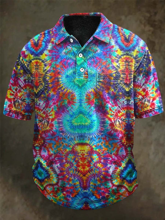 Rainbow Symmetrical Tie-Dye Print Casual Short-Sleeve Polo Shirt