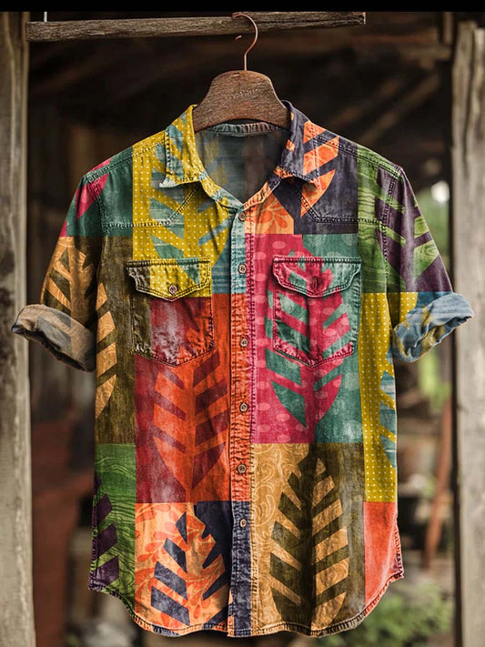 Color-block Leaf Patch Print Casual Short-Sleeve Shirt