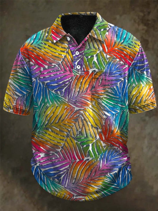 Rainbow Palm Leaf Print Casual Short-Sleeve Polo Shirt