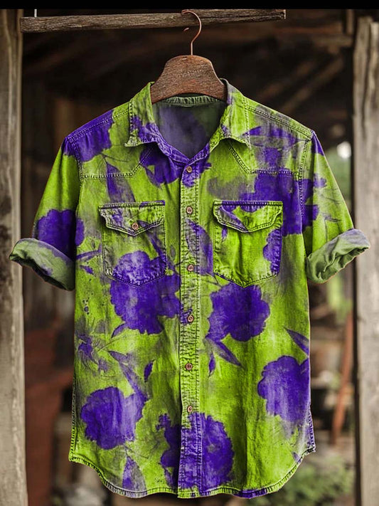 Tie-Dye Floral Print Casual Short-Sleeve Shirt