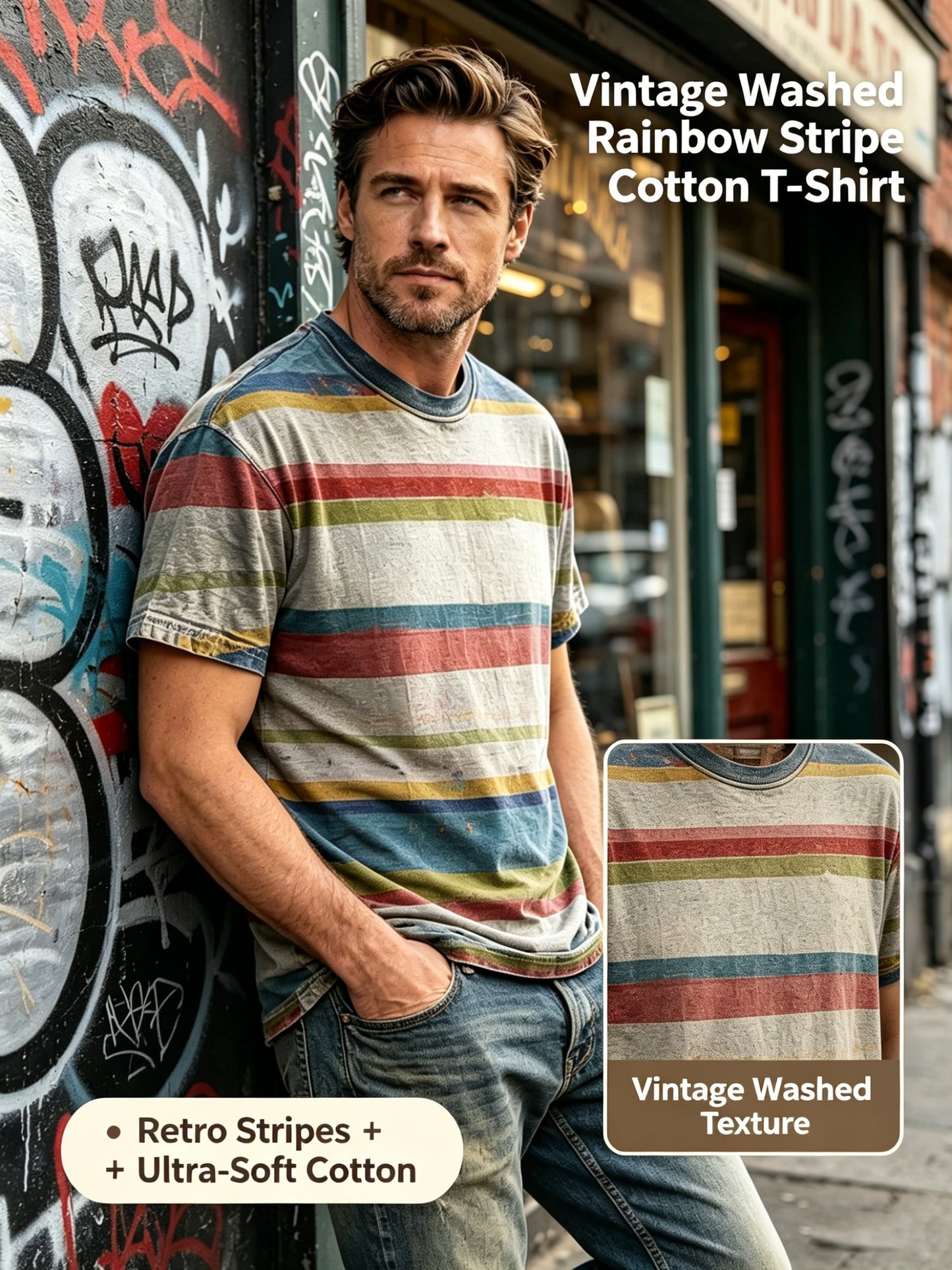 Retro Distressed Striped Print Casual Short-Sleeve T-Shirt