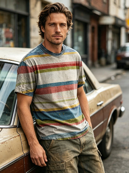 Retro Distressed Striped Print Casual Short-Sleeve T-Shirt