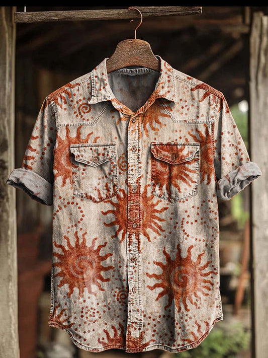 Sun Totem Print Casual Short-Sleeve Shirt