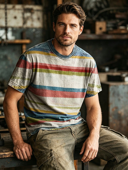 Retro Distressed Striped Print Casual Short-Sleeve T-Shirt