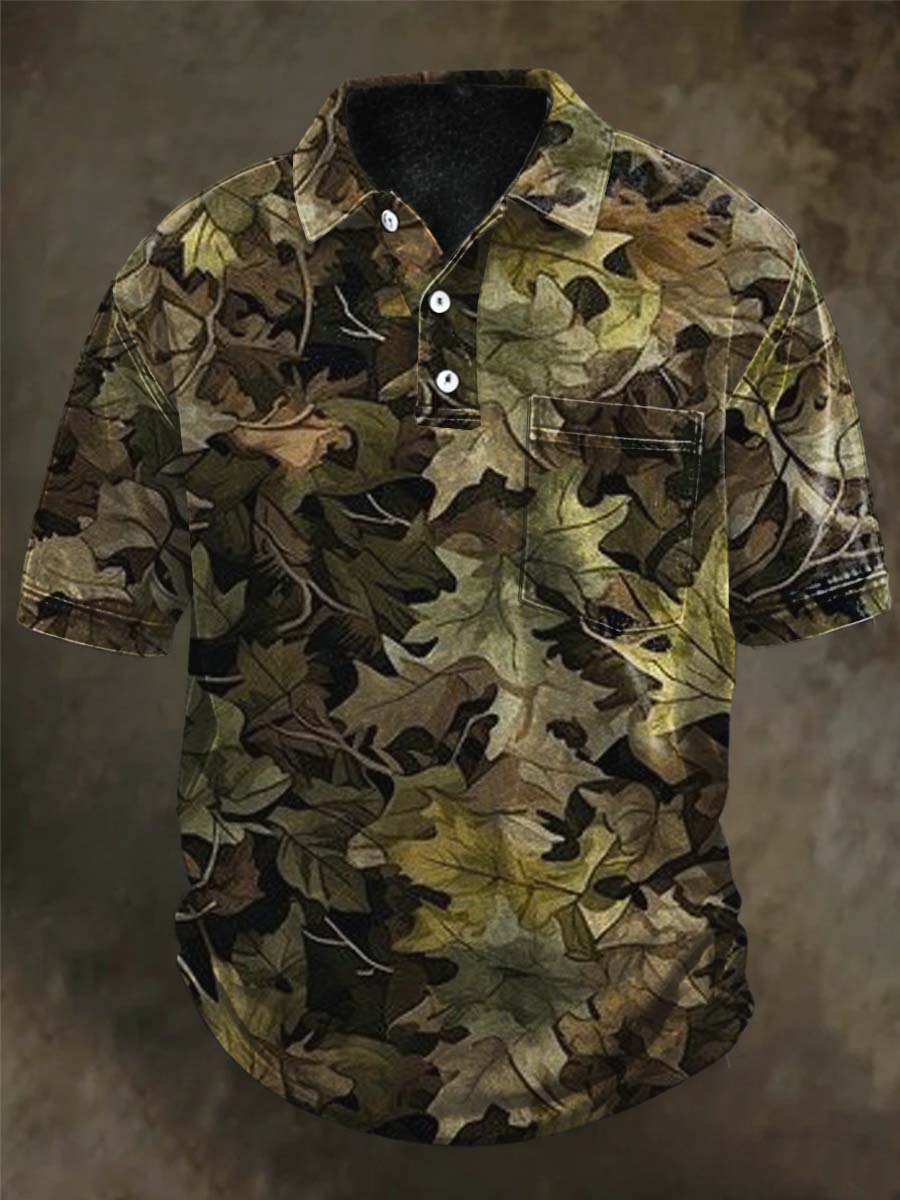 Dead-Leaf Camouflage Print Casual Short-Sleeve Polo Shirt