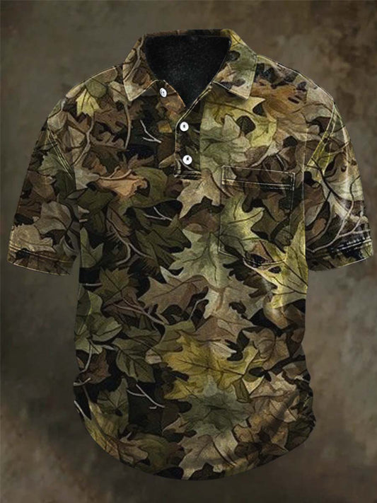 Dead-Leaf Camouflage Print Casual Short-Sleeve Polo Shirt
