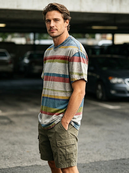 Retro Distressed Striped Print Casual Short-Sleeve T-Shirt