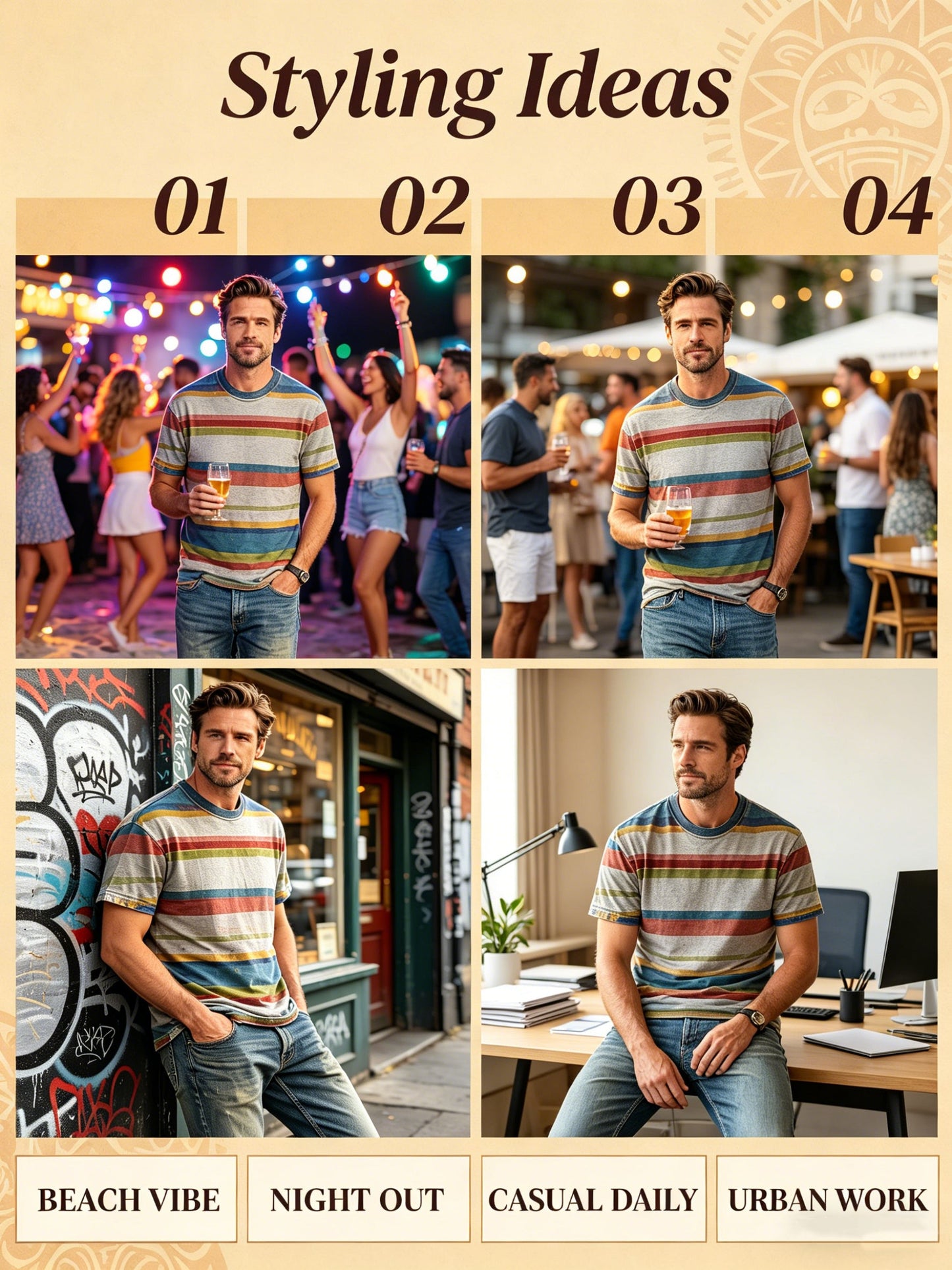 Retro Distressed Striped Print Casual Short-Sleeve T-Shirt