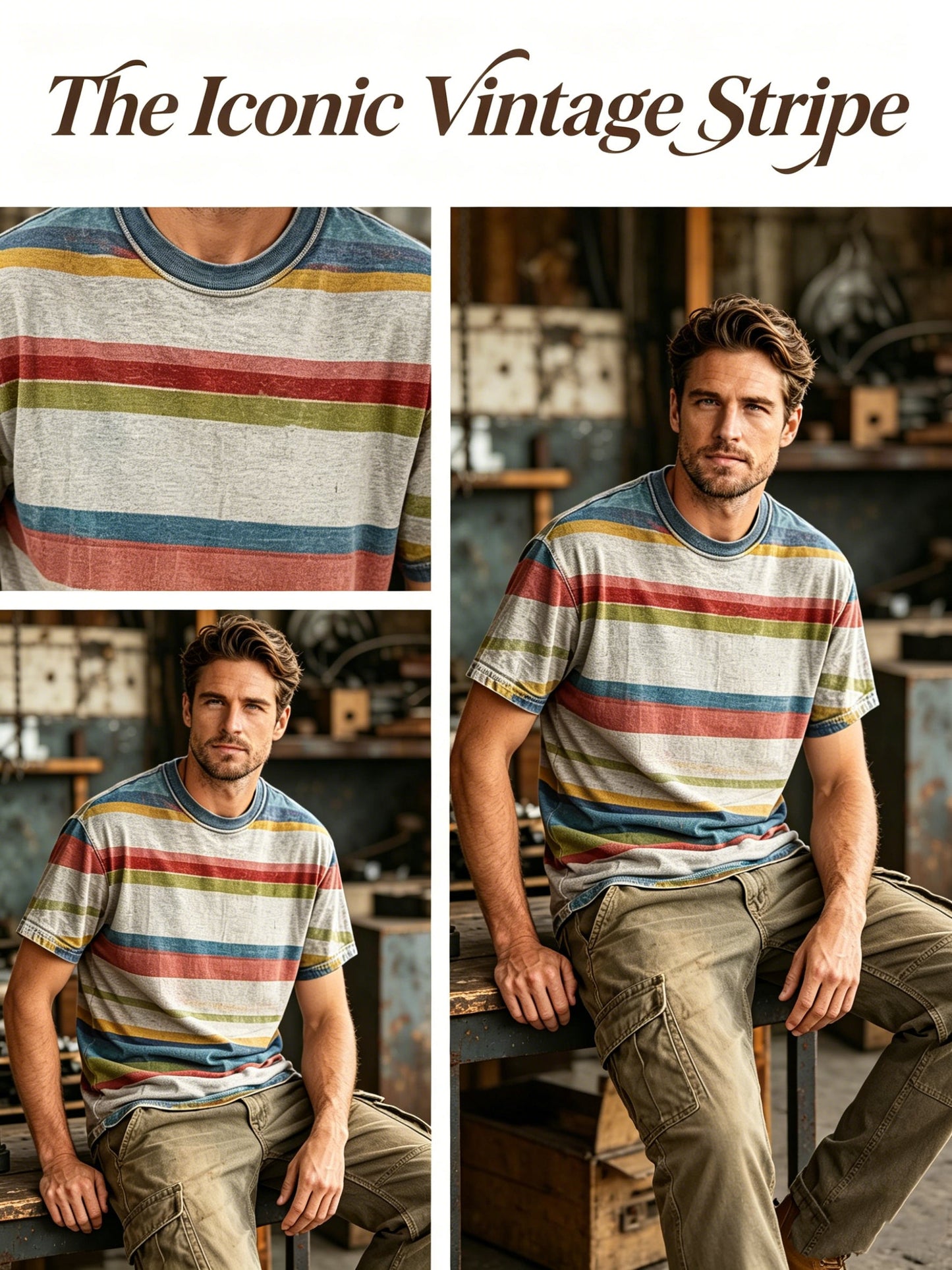 Retro Distressed Striped Print Casual Short-Sleeve T-Shirt