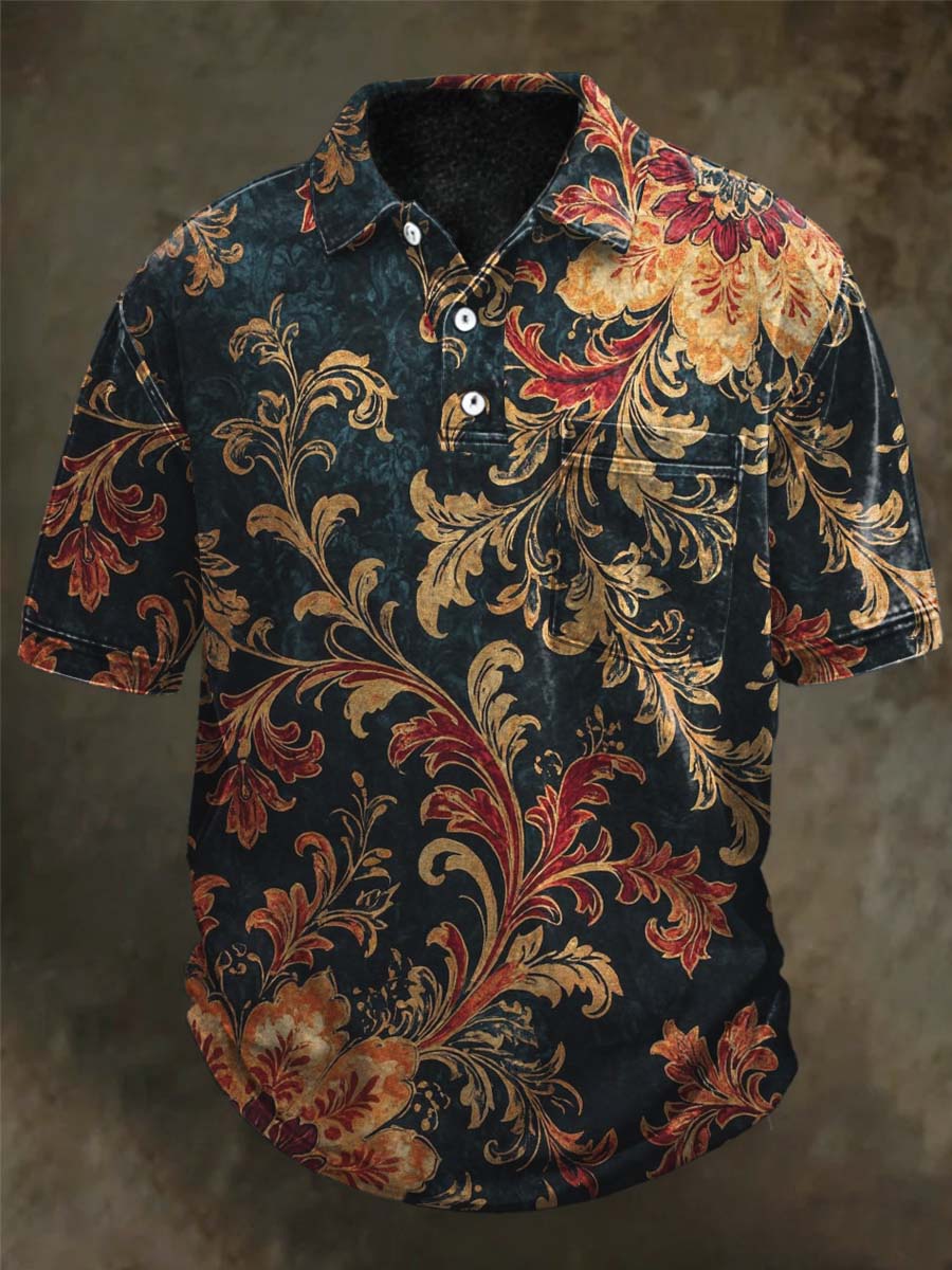 Baroque Scroll Print Casual Short-Sleeve Polo Shirt