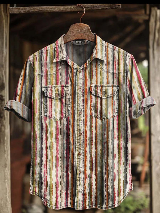 Vertical Stripe Tie-Dye Printed Casual Short-Sleeve Shirt