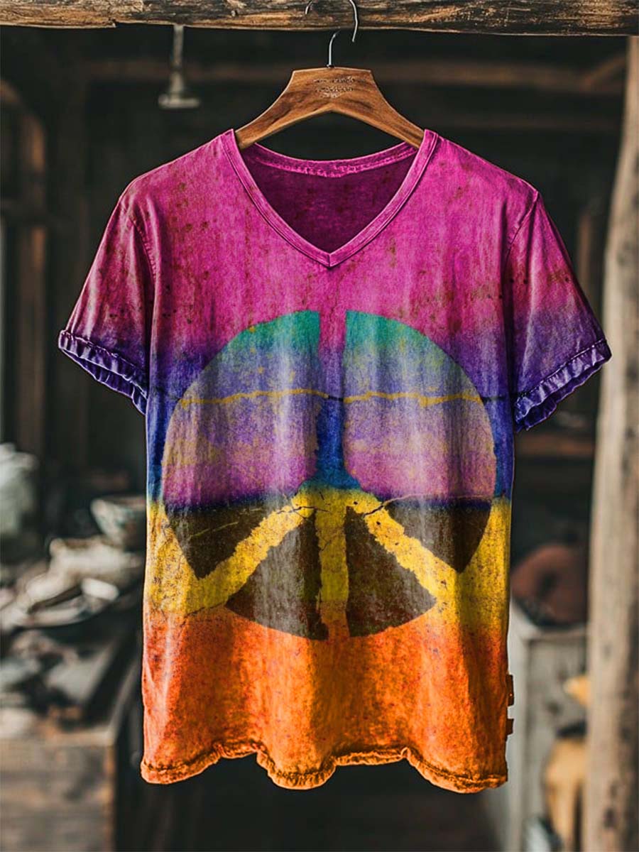Gradient Tie-Dye Peace Symbol Print Casual Short-Sleeved V-Neck T-Shirt