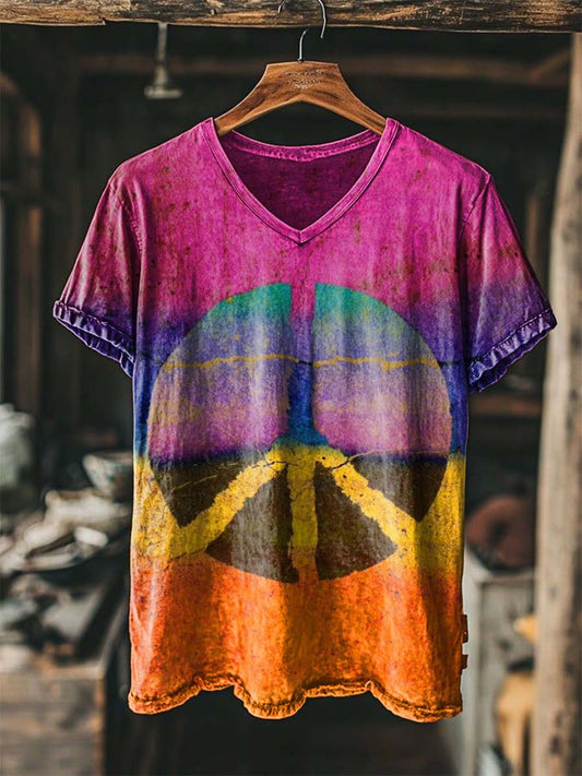 Gradient Tie-Dye Peace Symbol Print Casual Short-Sleeved V-Neck T-Shirt