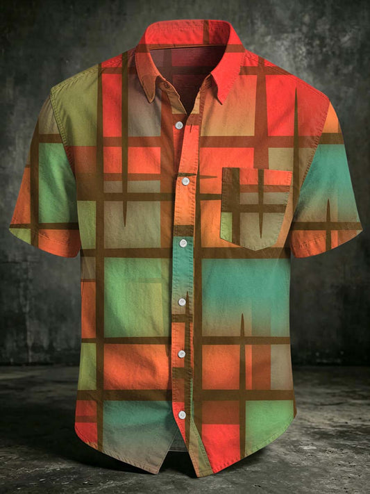 Gradient Plaid Print Casual Short-Sleeved Shirt