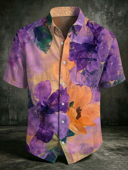 Oil Painting Floral Print Casual Short-Sleeved Shirt