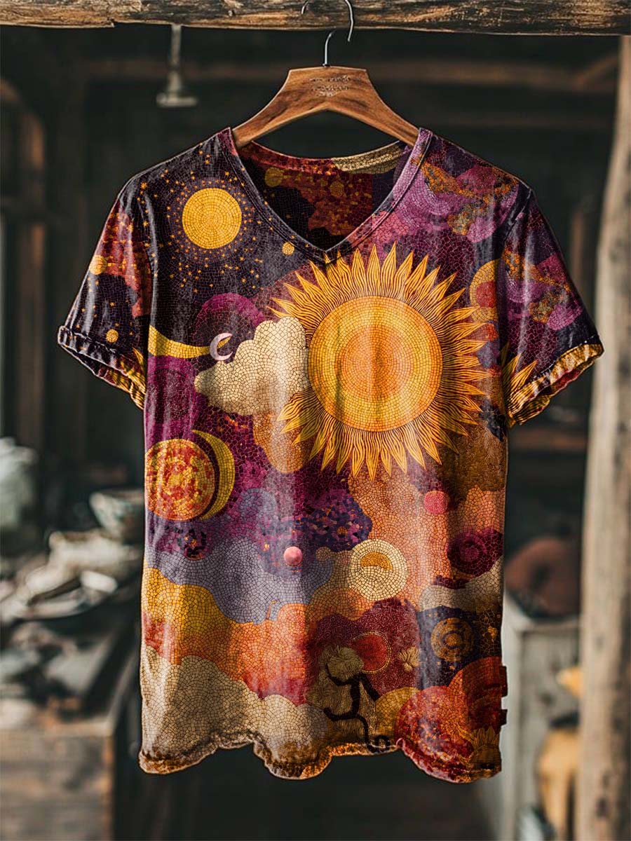 Mosaic Sun and Moon Mural Print Casual Short-Sleeve V-Neck T-Shirt