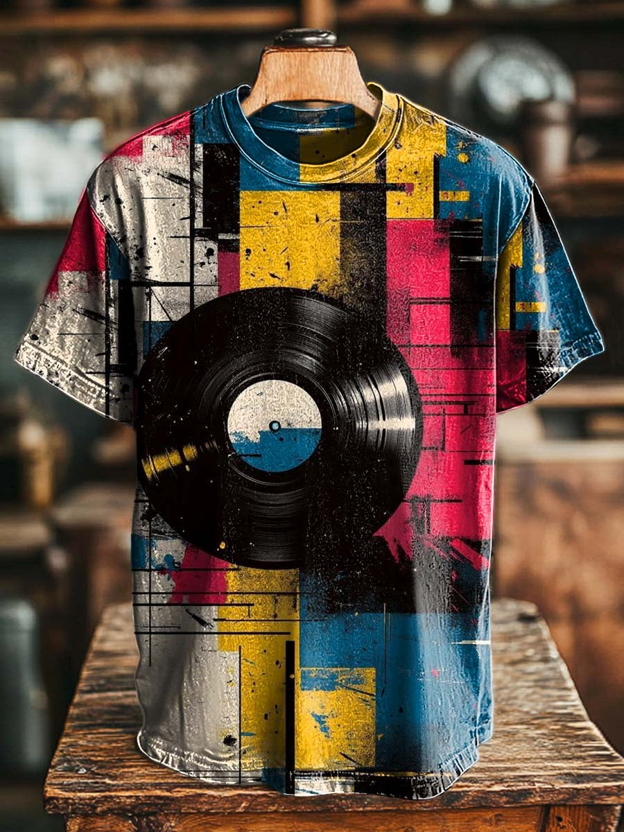Vinyl Record Geometric Graffiti Print Casual Short-Sleeved T-Shirt