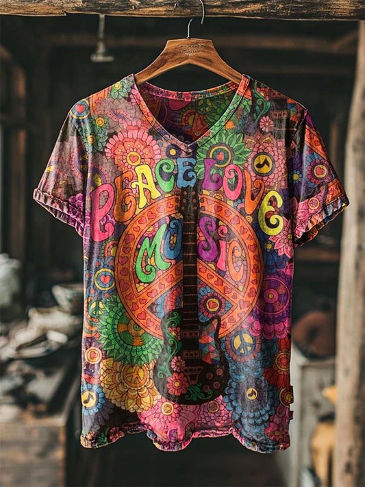 Peace and Music Graffiti Print Casual Short-Sleeve V-Neck T-Shirt