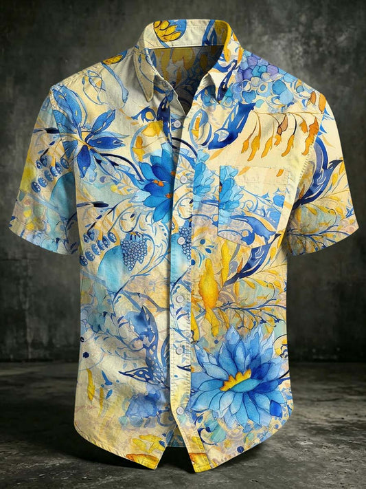 Watercolor Blue Floral Print Casual Short-Sleeve Shirt
