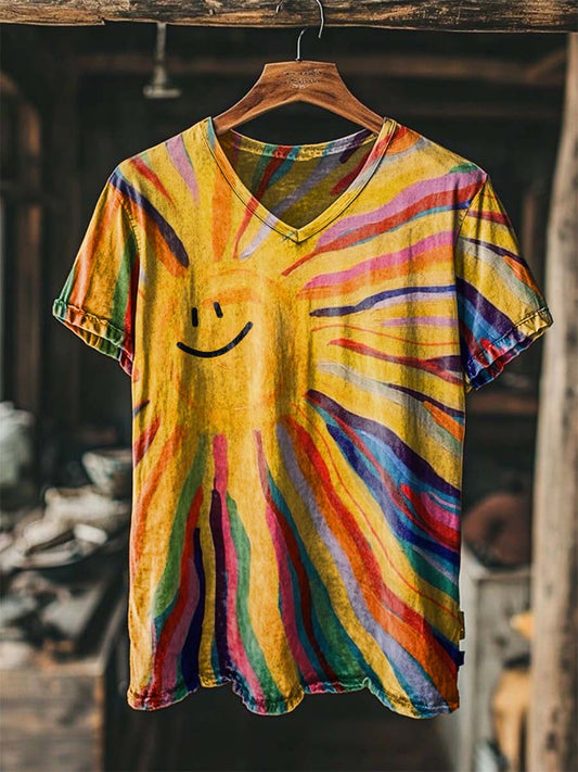 Tie-Dye Sun And Smiley Face Print Casual Short-Sleeved V-Neck T-Shirt