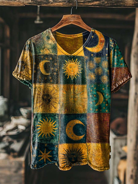 Retro Sun and Moon Patchwork Print Casual Short-Sleeve V-Neck T-Shirt