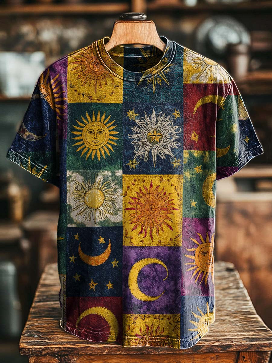 Sun and Moon Patchwork Plaid Print Casual Short-Sleeve T-Shirt